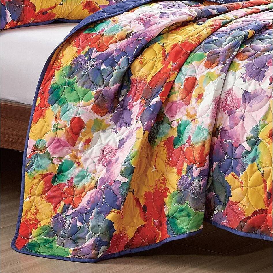 King Size - 3 Piece Floral Abstract Purple Yellow Reversible Quilt ...