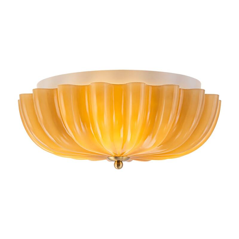 Caramel Brown Art Glass Flower Scalloped Round Ceiling Light - 11.8 Inches