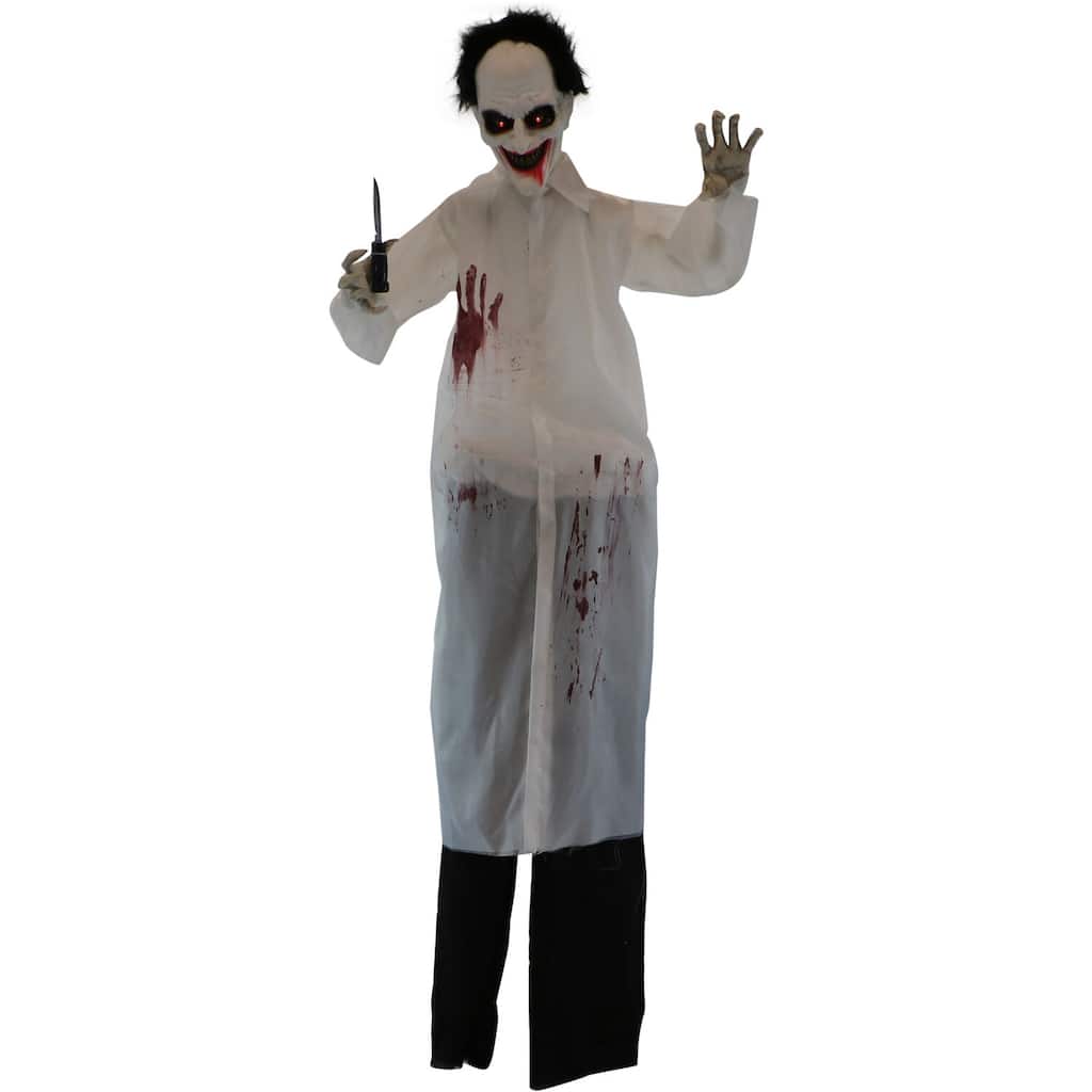 Haunted Hill Farm 5.75-Ft. Animatronic Doctor, Indoor/Covered Outdoor Halloween Decoration, Red LED Eyes, Laughing, Snips