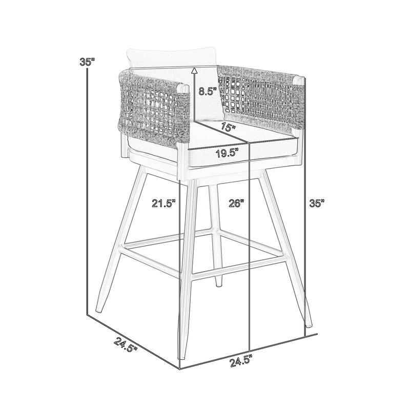 Piper 26 Inch Outdoor Swivel Counter Stool Chair, Rope Woven, Gray Cushions