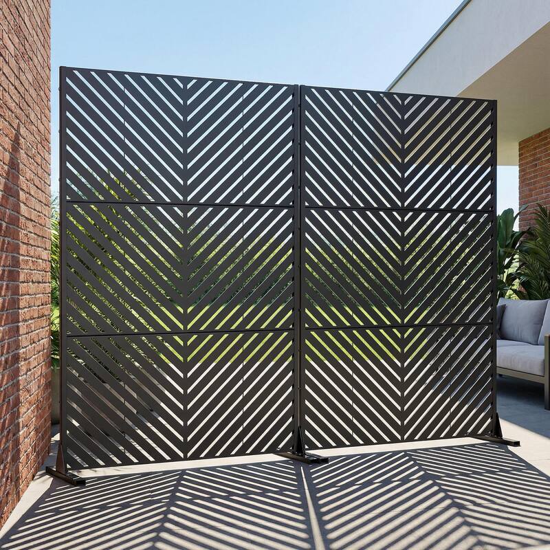 Outdoor Privacy Screen with Stand for Patio Garden Metal Fence Set of 2 - Black - 72"x47"