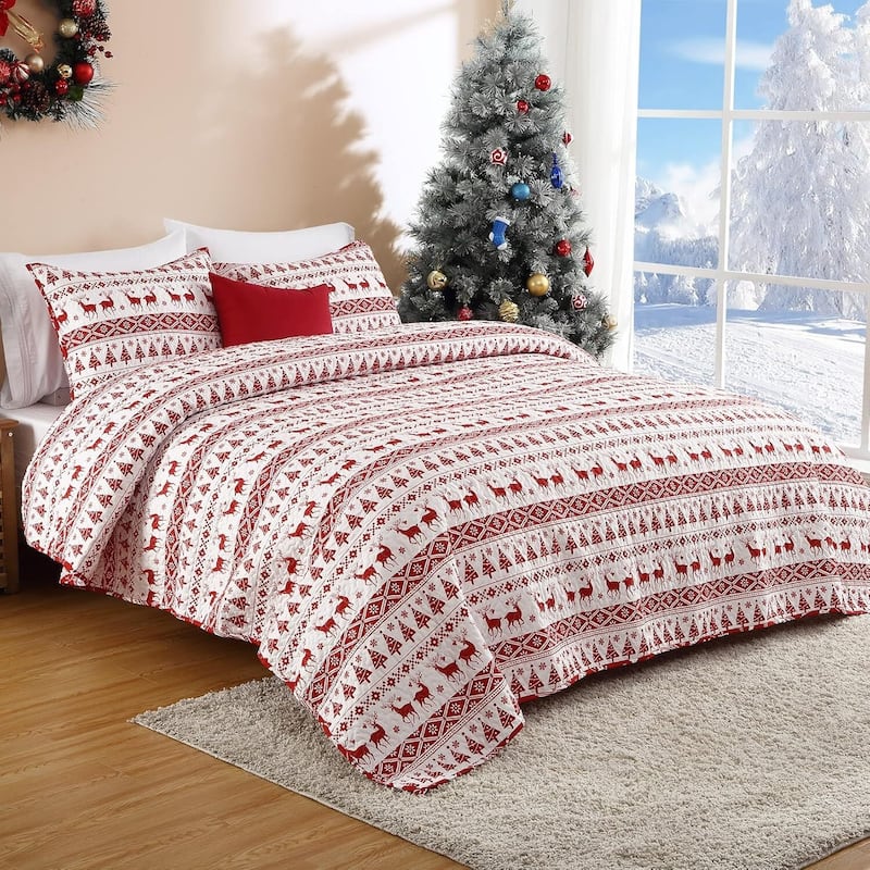 Reversible Bedspread Christmas Duvet Cover and Pillow Shams Set, Bedding Set - King