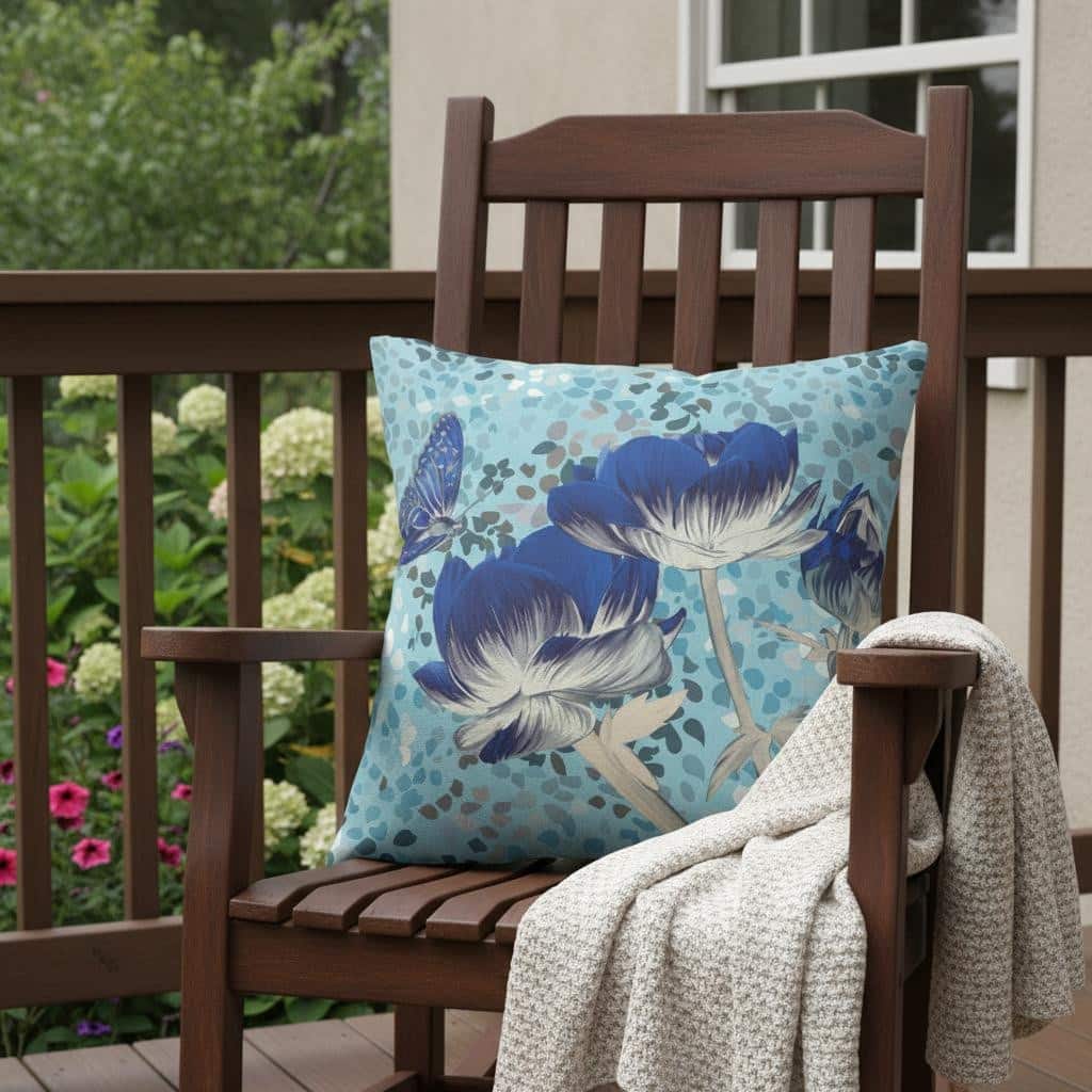 HomeRoots 18" x 18" Blue Butterfly Blown Seam Floral Indoor Outdoor Throw Pillow - 18.00' X '5.00' X '18.00