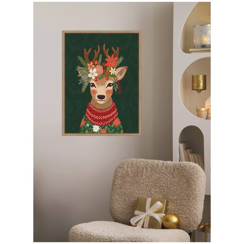 Kate and Laurel Sylvie Beaded Christmas Deer Framed Canvas by Mia Charro - Sylvie Beaded Rustic Natural