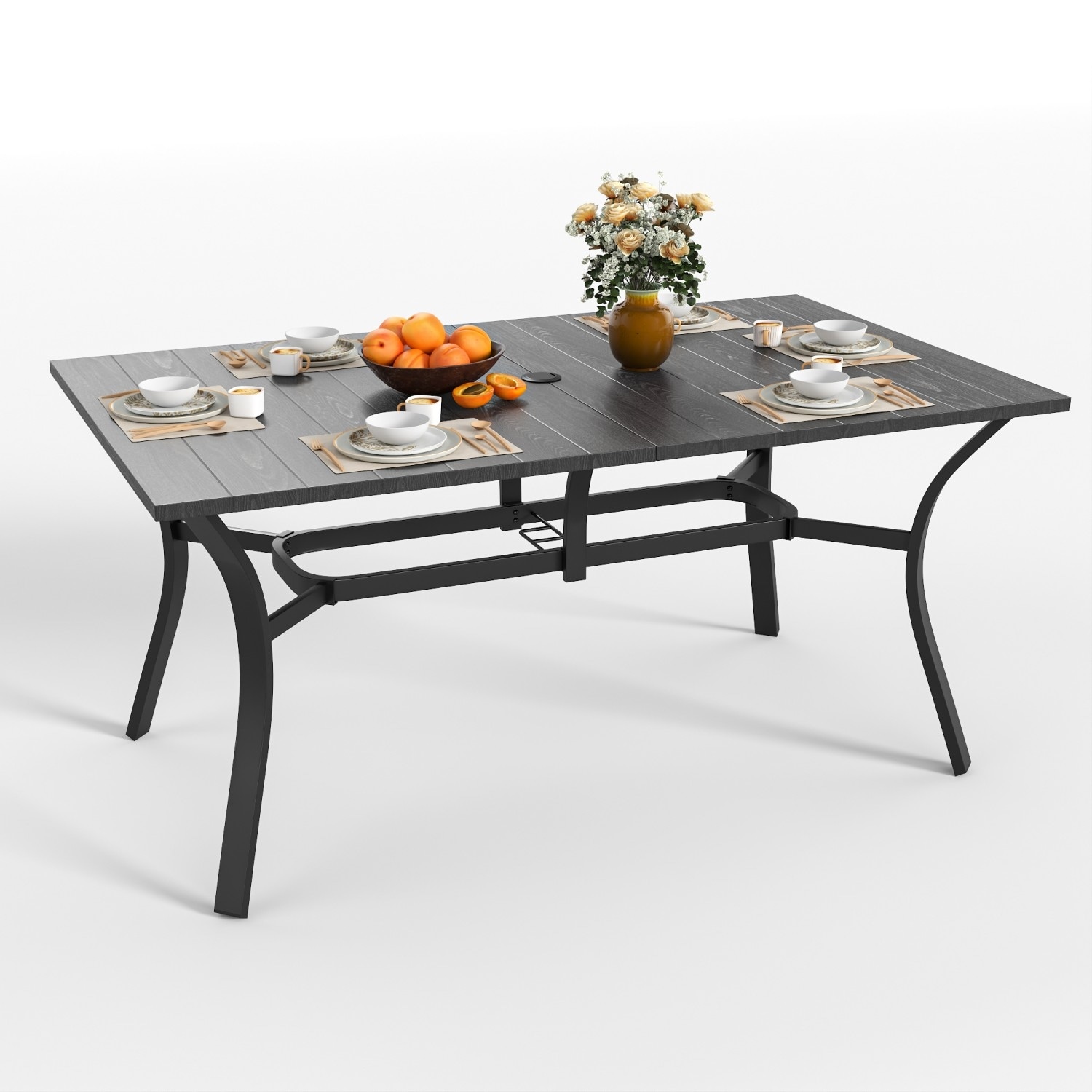 62.99" x 37.8" Patio Rectangular Vintage Wood Grain Metal Table with Umbrella Hole