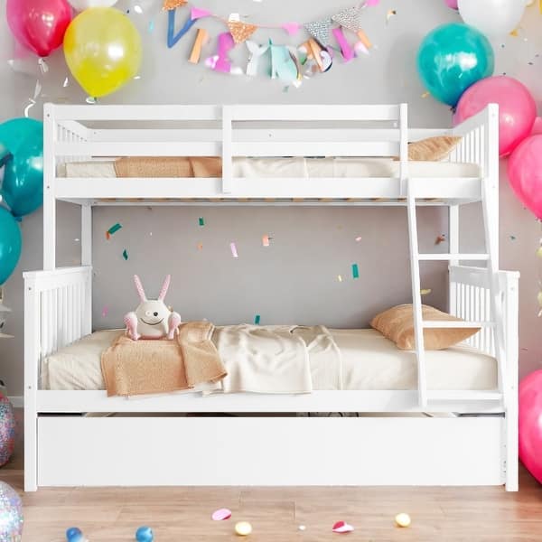 slide 2 of 19, Detachable Rubber Wood Twin Over Full Bunk Bed with Trundle White