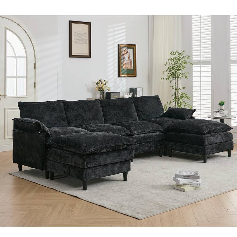 Modular U Shaped 6-Seater Convertible Chenille Sofa Set, Black