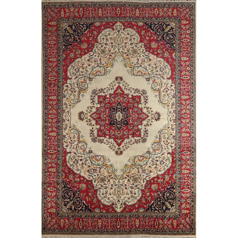 Hand Knotted Oriental 100% Wool Carpet Traditional Floral Beige & Ivories Tabriz Area Rug - 9' 10'' X 6' 5''