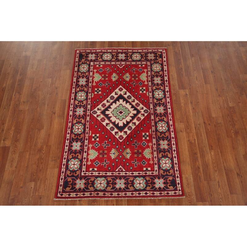 Geometric Red Kazak Oriental Foyer Rug Handmade Wool Carpet - 3'1" x 5'0"