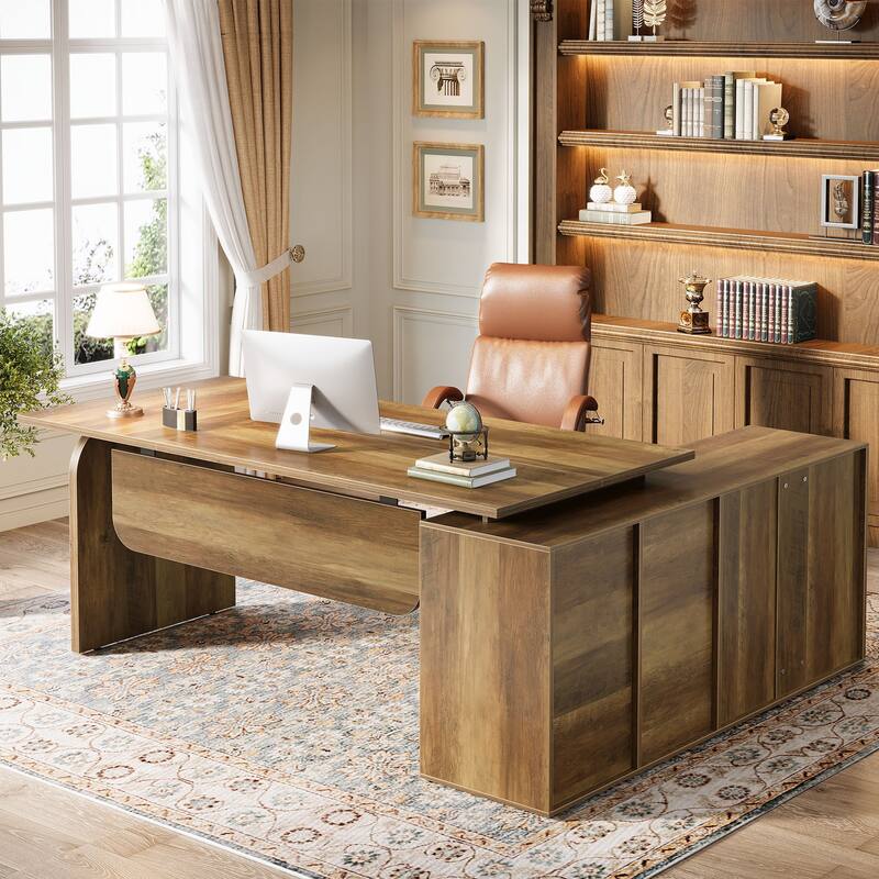 L Shaped Desk, 71-Inch Executive Office Desk with File Cabinet - Brown
