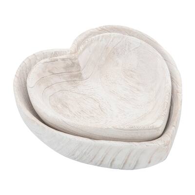 Set of 2 Wooden Heart Shaped Bowls Contemporary Rustic Farmhouse White Heart Nesting Bowls Decorative Wooden Bowls