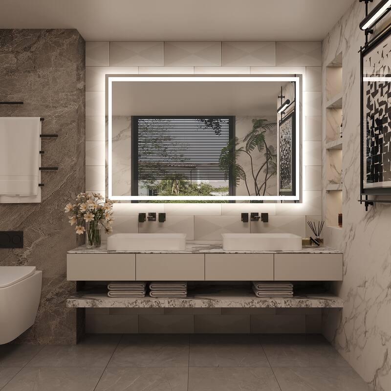 Frameless LED Front Light and Backlit 3 Colors Dimmable Anti-Fog Wall Bathroom Vanity Mirror
