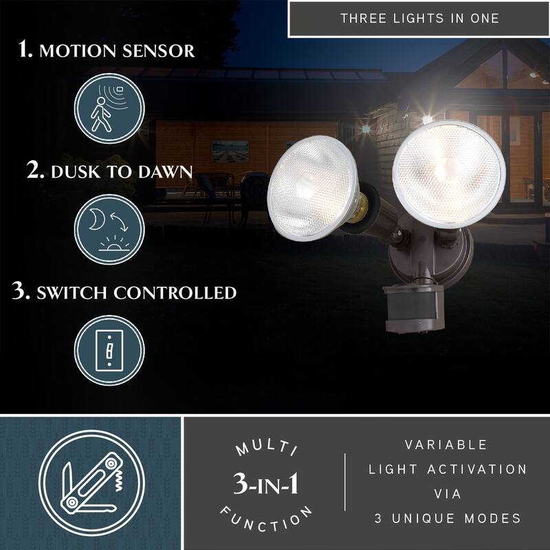 Motion Sensor Dusk to Dawn Outdoor Security Flood Light - 2 Adjustable Light Heads - 4 Modes