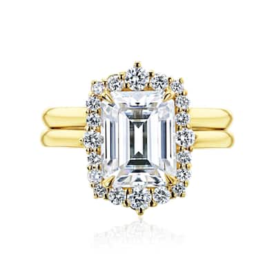 Annello by Kobelli - The 2.85ct Elizabeth 14k Solid Gold Moissanite & Lab Grown Diamond Rococo Halo Plain Band Bridal Set