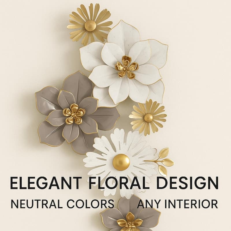 Floral Metal Wall Art Vertical White Gold 3D Flower Accent 36"x19"