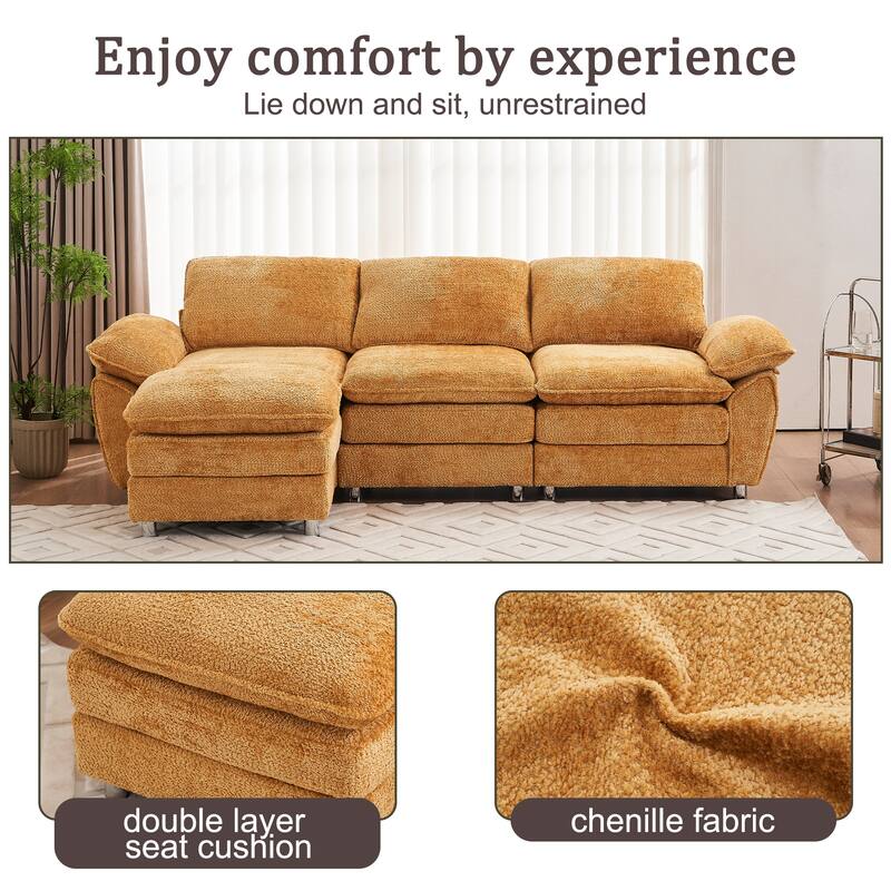 Modern Deep 3 Seat Sofa with Ottoman, Comfy Polyester Upholstered Furniture for Living Room, Studio, Office