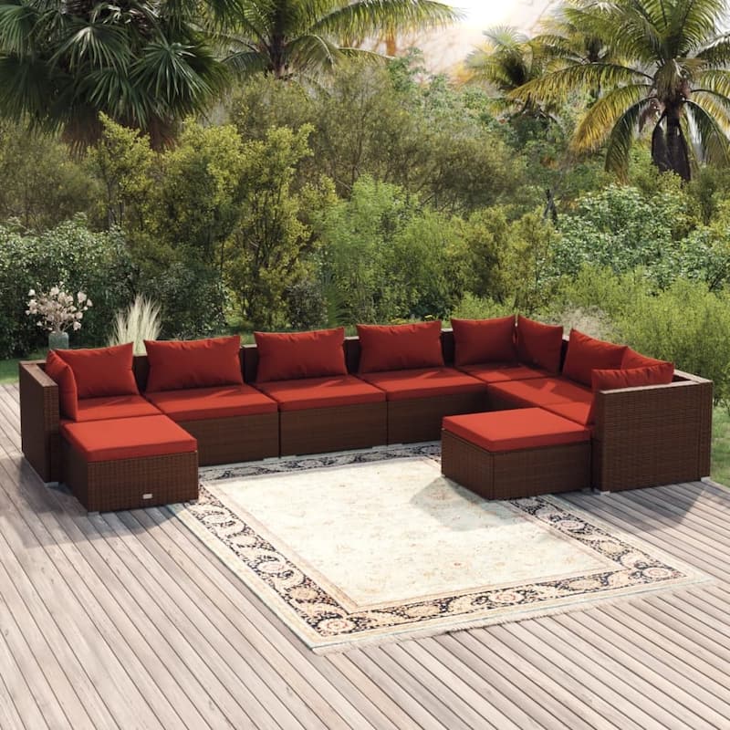vidaXL Patio Lounge Set with Cushions Poly Rattan Brown - 27.6" x 27.6" x 24" - 27.6" x 27.6" x 24"