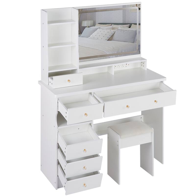 Large Size Left Drawer Dresser Set with Cushioned Stool, Power Station and LED Mirror