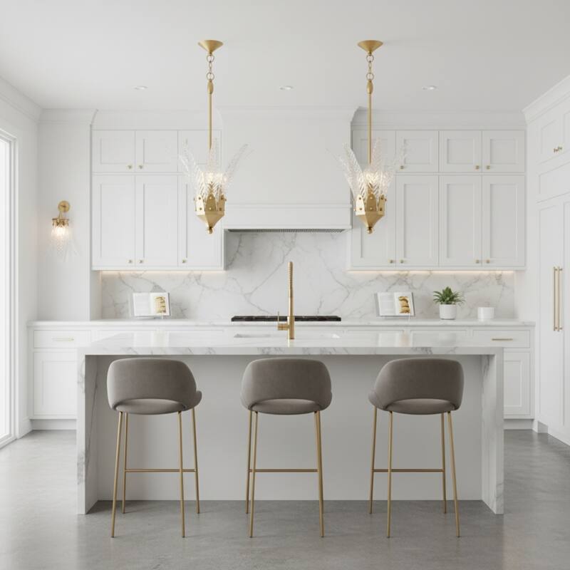 17" Modern Gold 3-Light Leaf Etched Glass Pendant Chandelier for Kitchen Island