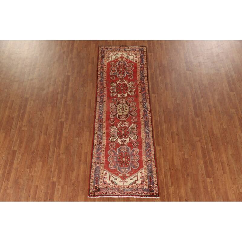 Vegetable Dye Red Heriz Persian Vintage Runner Rug Handmade Carpet - 3'1"x 9'8"