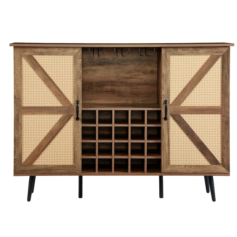 Rustic Wood Storage Cabinet with Wine Rack and Wine Glass Rack