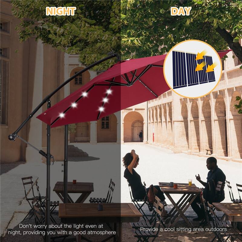 10 FT Solar LED Patio Outdoor Umbrella Hanging Cantilever Umbrella