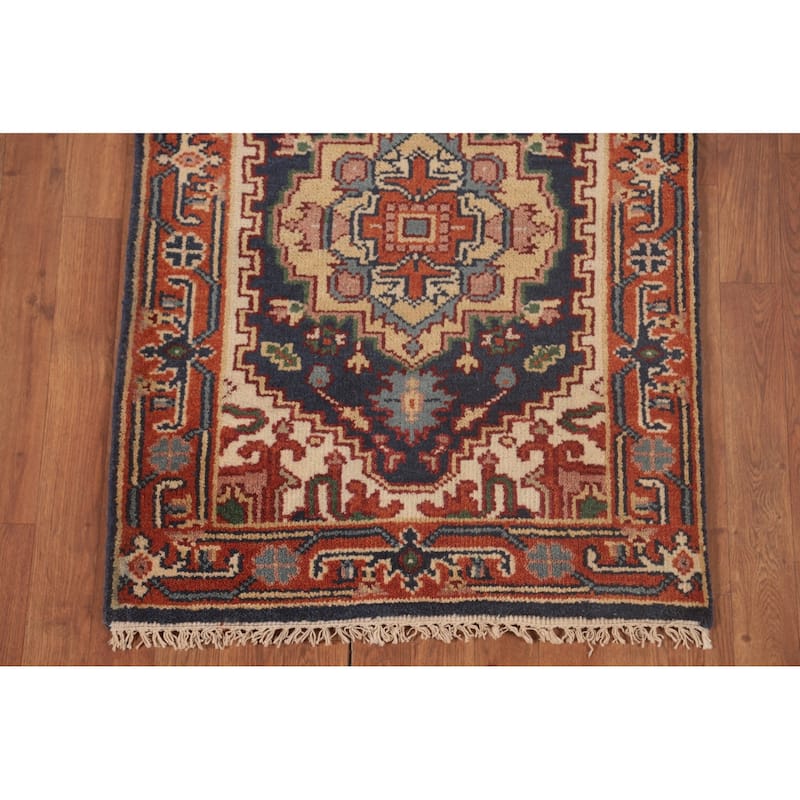 Navy Blue Heriz Serapi Runner Rug Hand-Knotted Wool Carpet - 2'7"x 9'10"