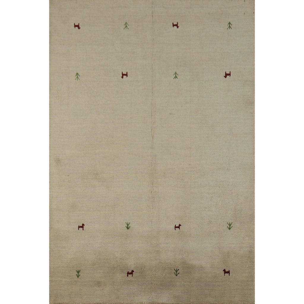 Hand Knotted Oriental 100% Wool Carpet Tribal Animal Pictorial Beige & Ivories Gabbeh Area Rug - 6' 6'' X 4' 7''