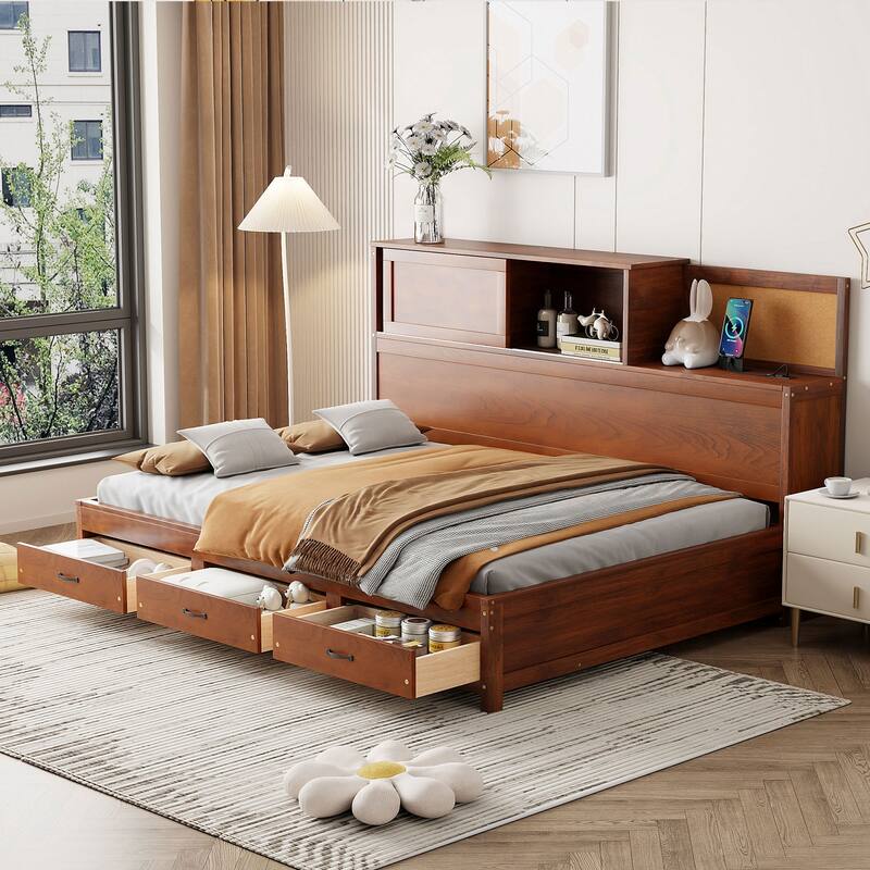 Full Size Wooden Daybed with 3 Storage Drawers, USB Ports, Pushable Shelf, and Soft Headboard - Full Walnut - Full