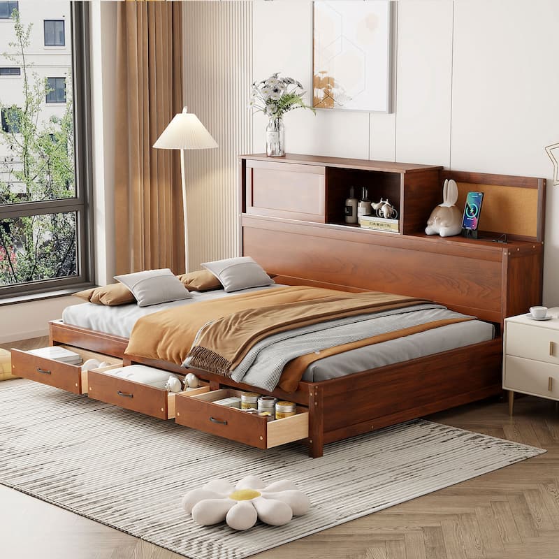 Full Size Wooden Daybed with Storage Drawers, USB Ports, and Shelf in Walnut - Walnut