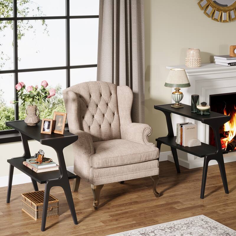 Narrow End Table for Living Room, 2-Tier Slim Sofa Side Table (Set of 2) - Black