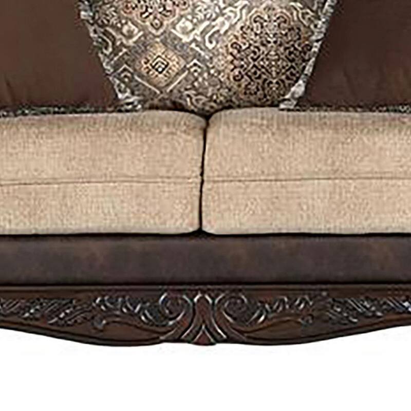 Miva Loveseat w Pillows, Classic Rolled Arms, Brown Faux Leather