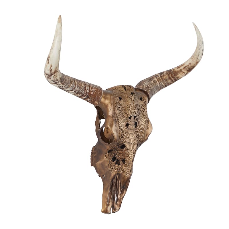 Polystone Cow Carved Skull Wall Decor - Bronze - Roche River Decor