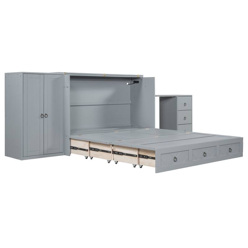 Multifunctional Queen Murphy Bed with USB, Wardrobe, and Desk - Cabinet Bed with Ample Storage