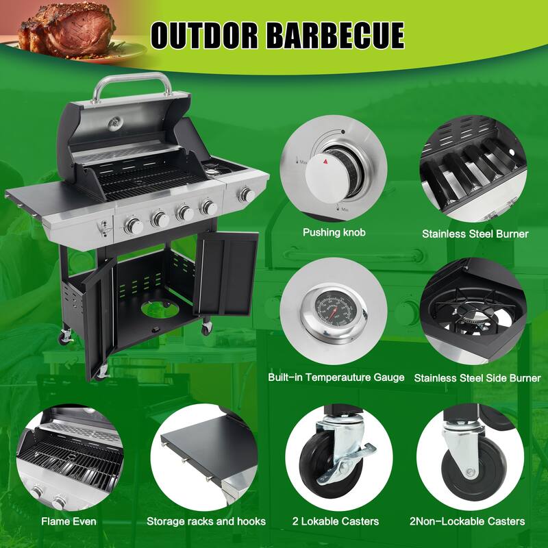 Propane Grill 4 Burner Barbecue Grill Stainless Steel Gas Grill with Side Burner, 46,500 BTU Outdoor Cooking, Patio