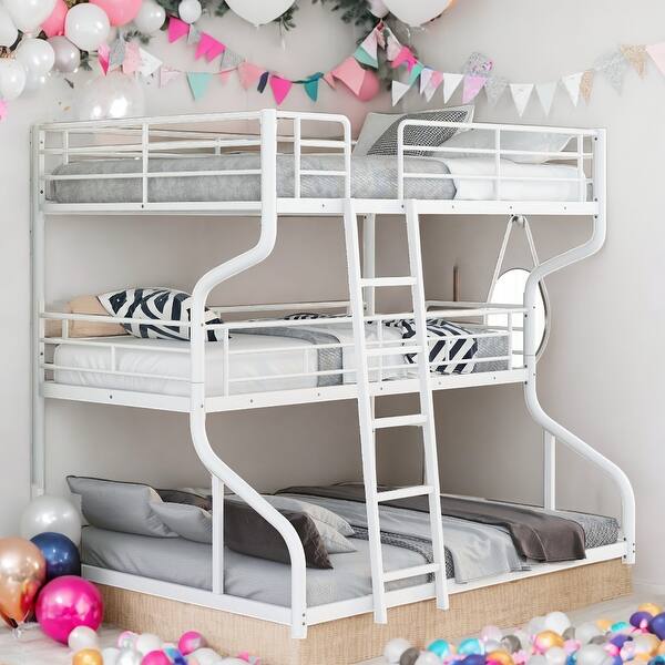 slide 2 of 9, Full XL over Twin XL over Queen Size Triple Bunk Bed with Ladders, White Metal Frame, Industrial Style