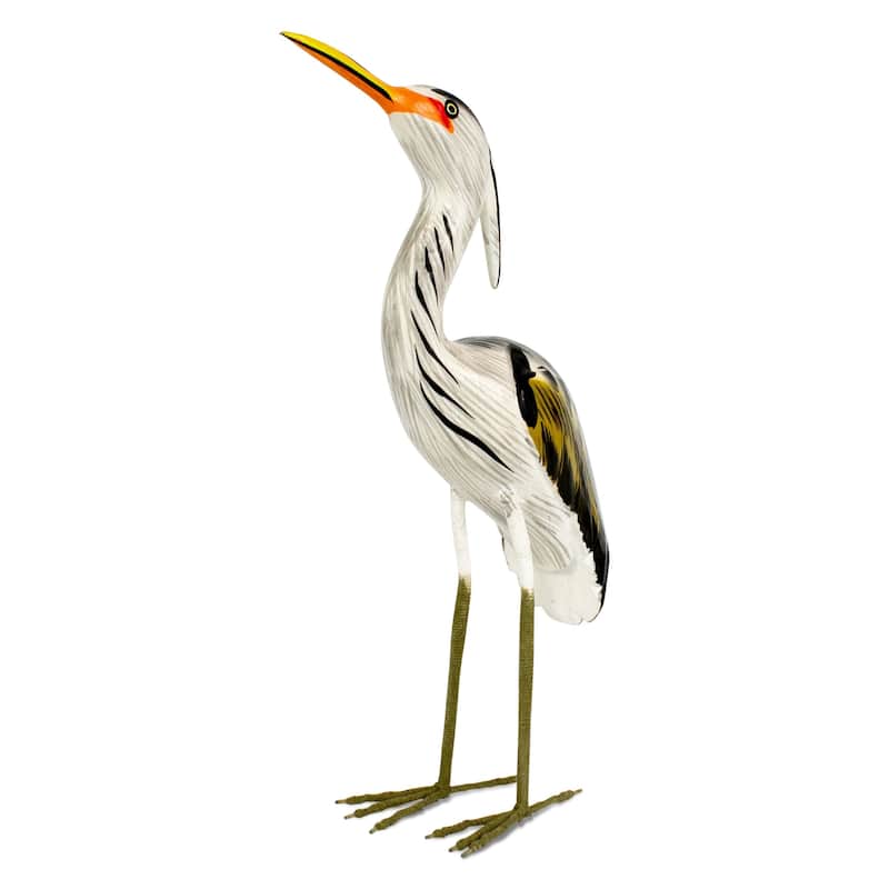 Wood Great Blue Heron Figurine - Hand Carved Coastal Bird Sculpture, Elegant Wading Bird Decor - 11" tall x 6" wide x 2.2" deep