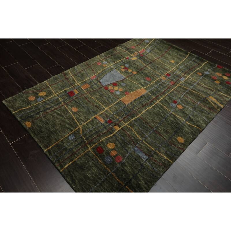 Tibetan Modern Plush Pile Designer 4'2''x5'10'' Hand Knotted Wool Green Rug - 4' 2'' x 5' 10''
