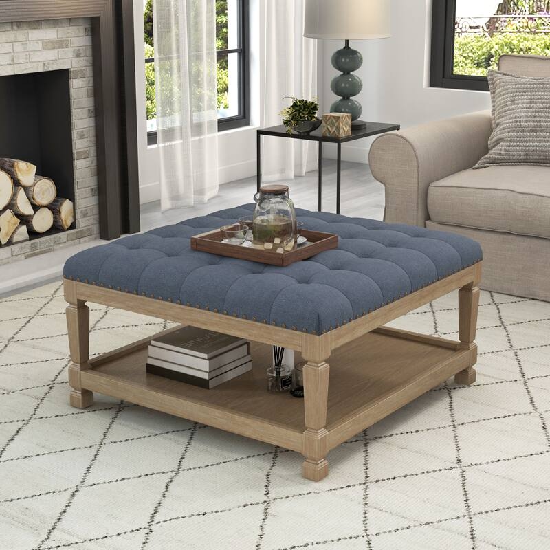 Button-Tufted Upholstered Coffee Table Ottoman with Wooden Shelf – Square Fabric Ottoman
