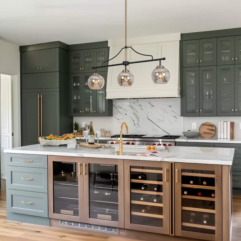 Modern Glam 3/6-Light Black Gold Linear Chandelier Kitchen Island Pendant Lights with Mercury Glass