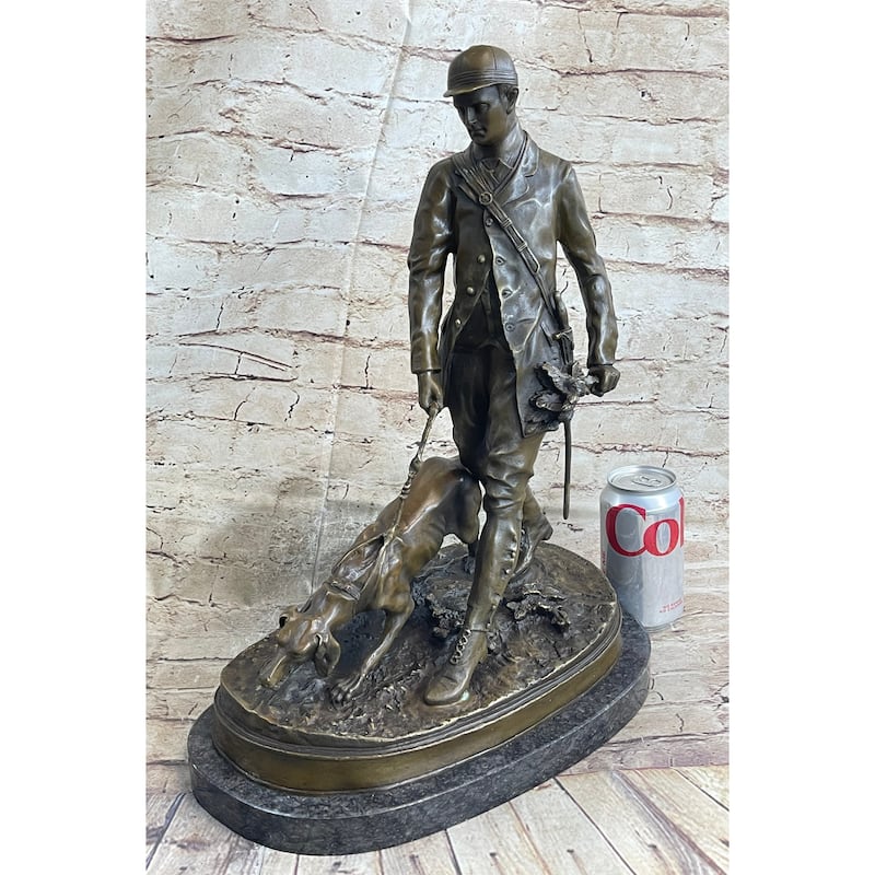 Original Italian Artist Aldo Vitaleh Hunter And Dog Bronze Marble Base Sculpture