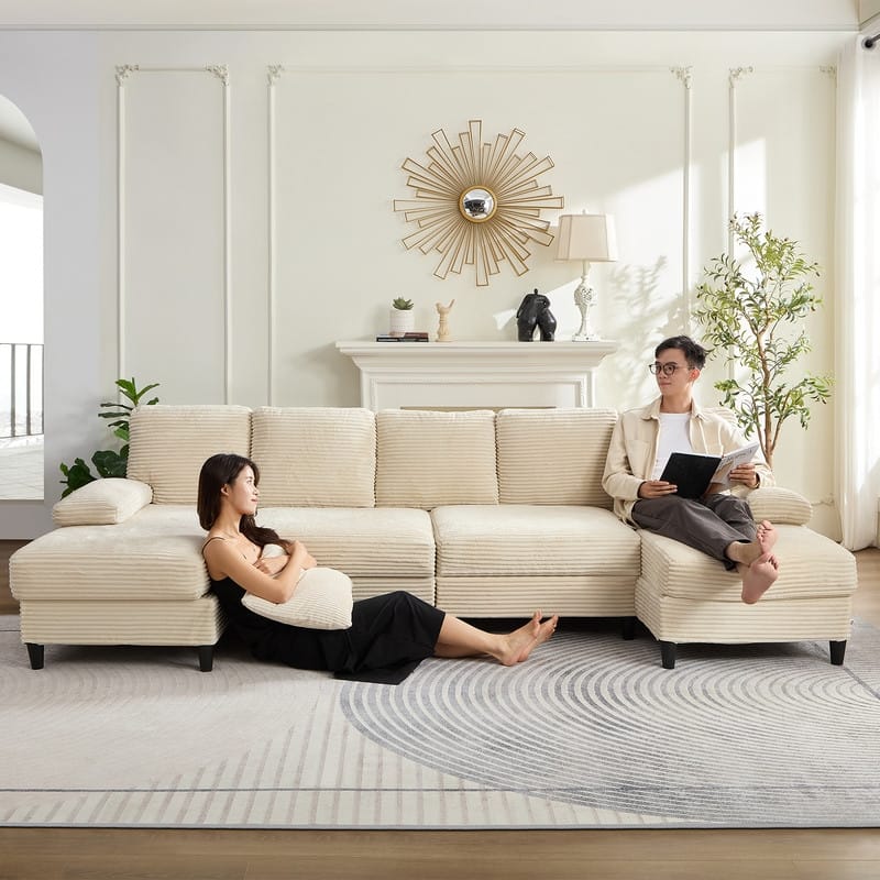 Mixoy W112inch Upholstered 5-Seater Sectional Sofa Couch,Corduroy Large U-Shaped Sofa with Double Chaises and Sleepable Armrests