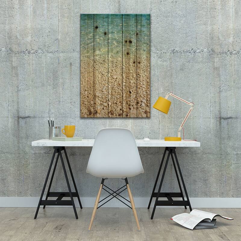 Aqua Blue Ocean And Golden Pebbles Print On Wood by Alyson Fennell - Multi-Color