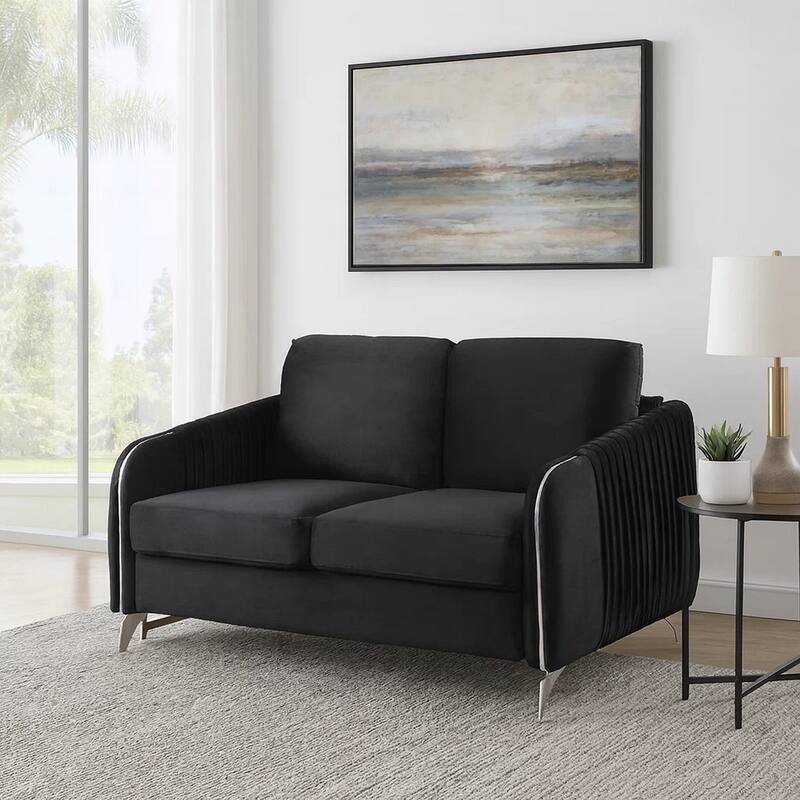 54 Inch Modern Loveseat, Vertical Quilted Design, Jet Black Velvet Fabric