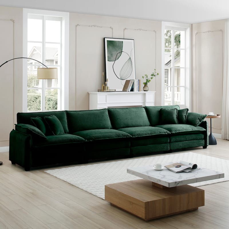 Green 150" Corduroy Upholstered 4-seater Modular Sectional Sofa with 6 Pillows, Free Combination Design