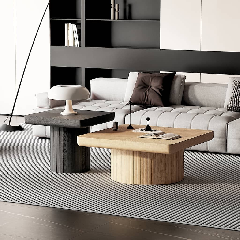 Wood Nesting Coffee Table Set, 2-Piece Coffee Table with Cylindrical Fluted Pedestal, Versatile Nesting Tables for Living Room