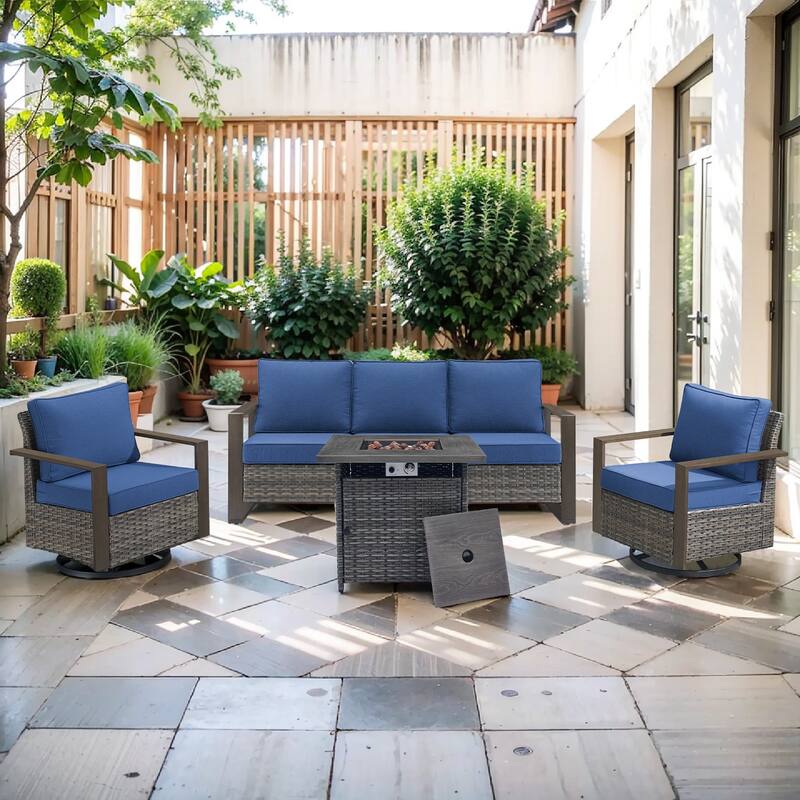 Pocassy Outdoor 30" Fire Pit Table with Sofa Swivel Chair Set - Grey Wicker Blue Cushion - 4-Piece Sofa Swivel Chair with Fire Table