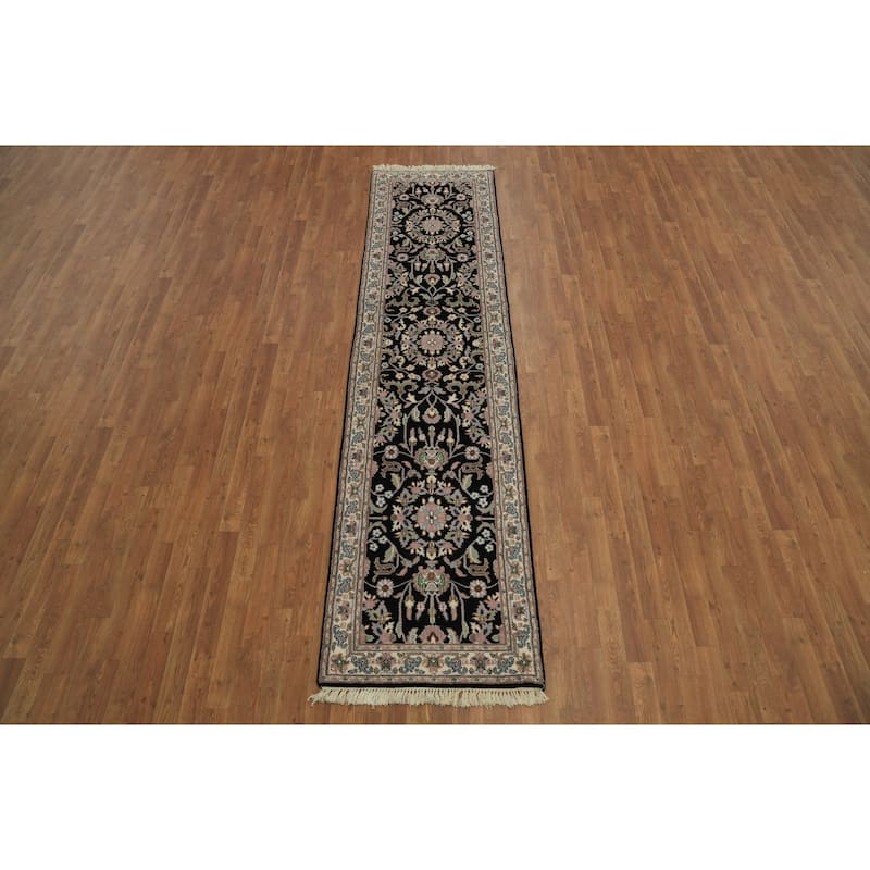 Hand Knotted Oriental 100% Wool Carpet Traditional All-Over Navy Blue & Blues Kashan Runner Rug - 10' 2'' X 2' 6''