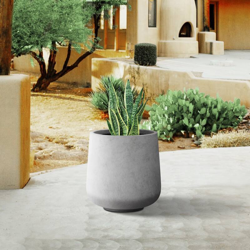 Plantara 17" H Round Raw Concrete planter, Outdoor Modern Planter pot,Flower pot with Drainage Hole for Garden