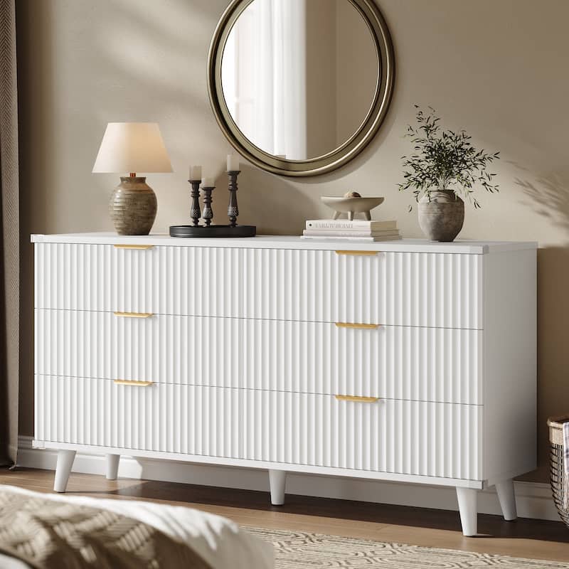6 Drawer Dresser for Bedroom, 53" Wide Boho Fluted Dresser - White